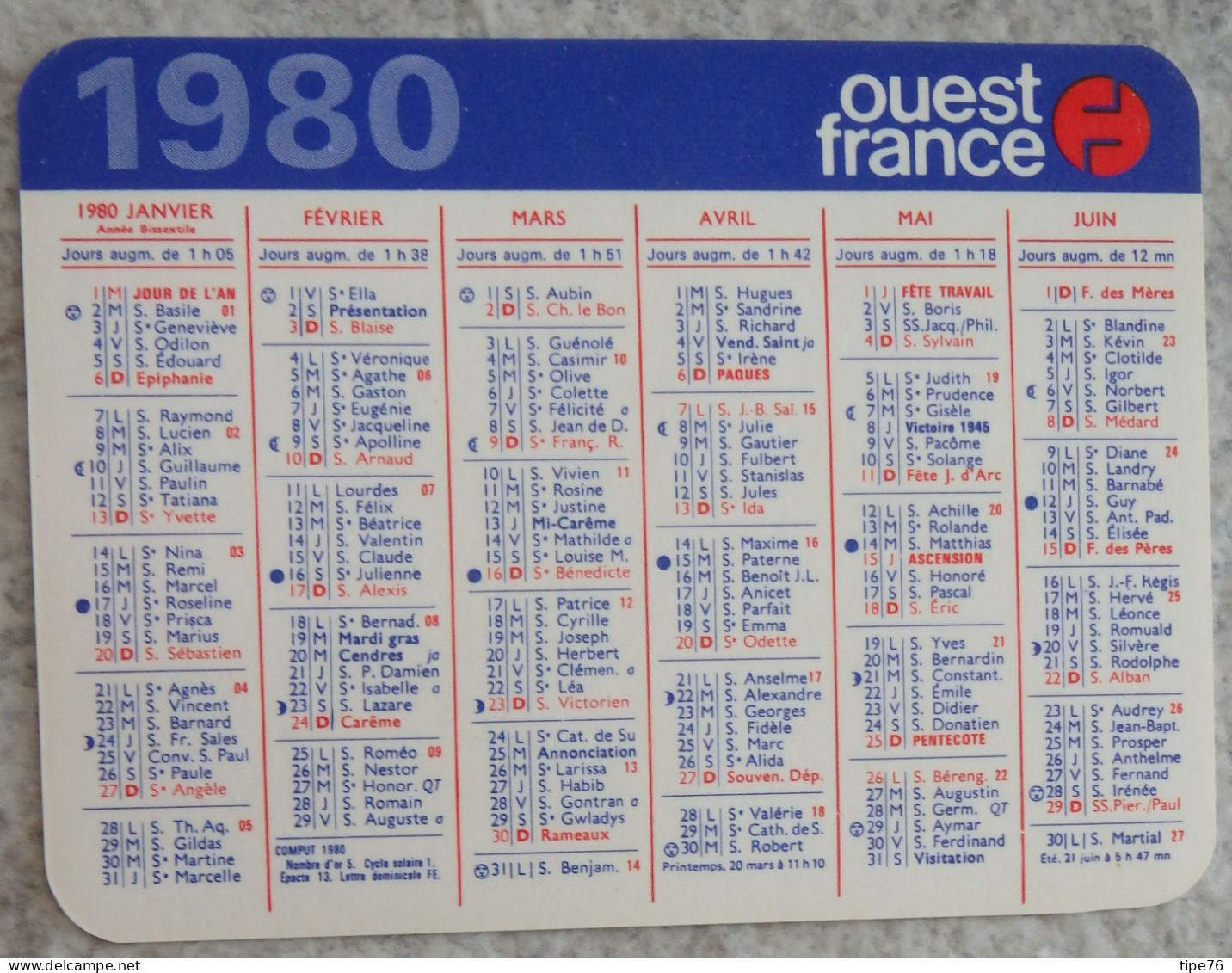 Petit Calendrier De Poche 1980 Journal Ouest France - Kleinformat : 1971-80