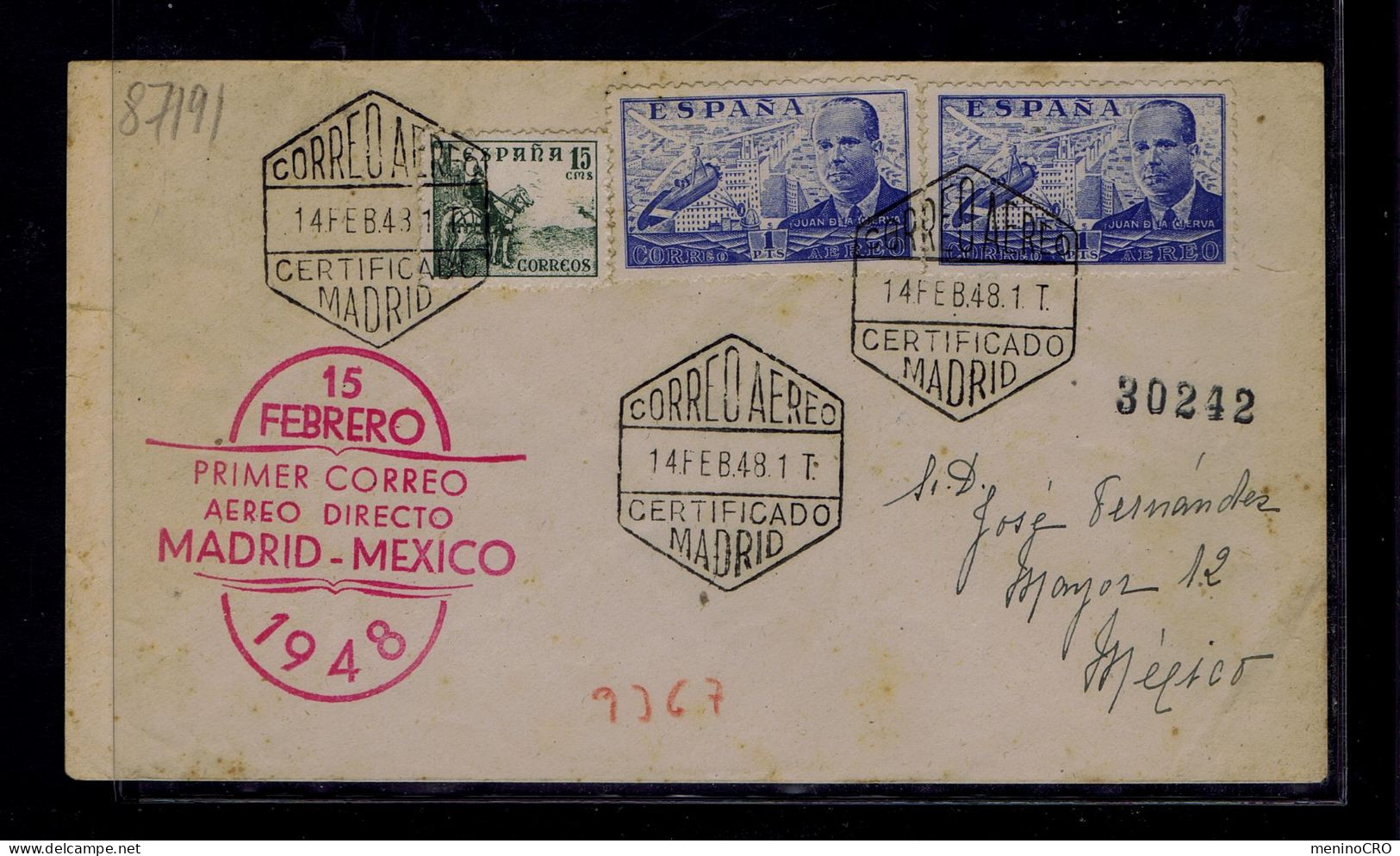 87191 SPAIN  Aviation Avions "1st Direct Avion MADRID »MEXICO" Transports First Flight Mailed - Autres (Air)
