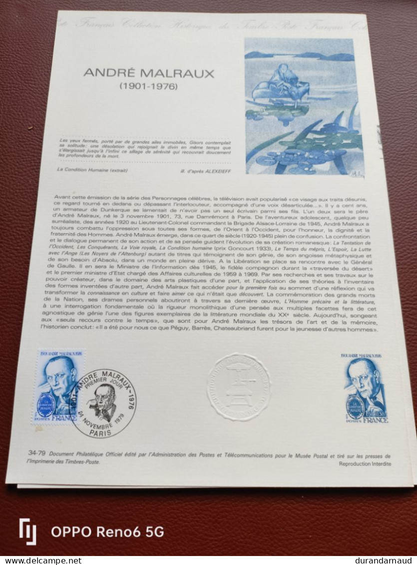 Document Philatelique  ANDRE MALRAUX 34/1979 - Documents Of Postal Services