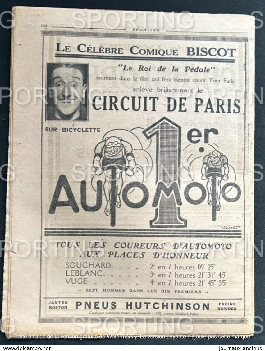 1925 Revue Sportive " SPORTING " CYCLISME CIRCUIT DE PARIS - AUTOMOBILE LINAS MONTLHÉRY - BOXE - TENNIS