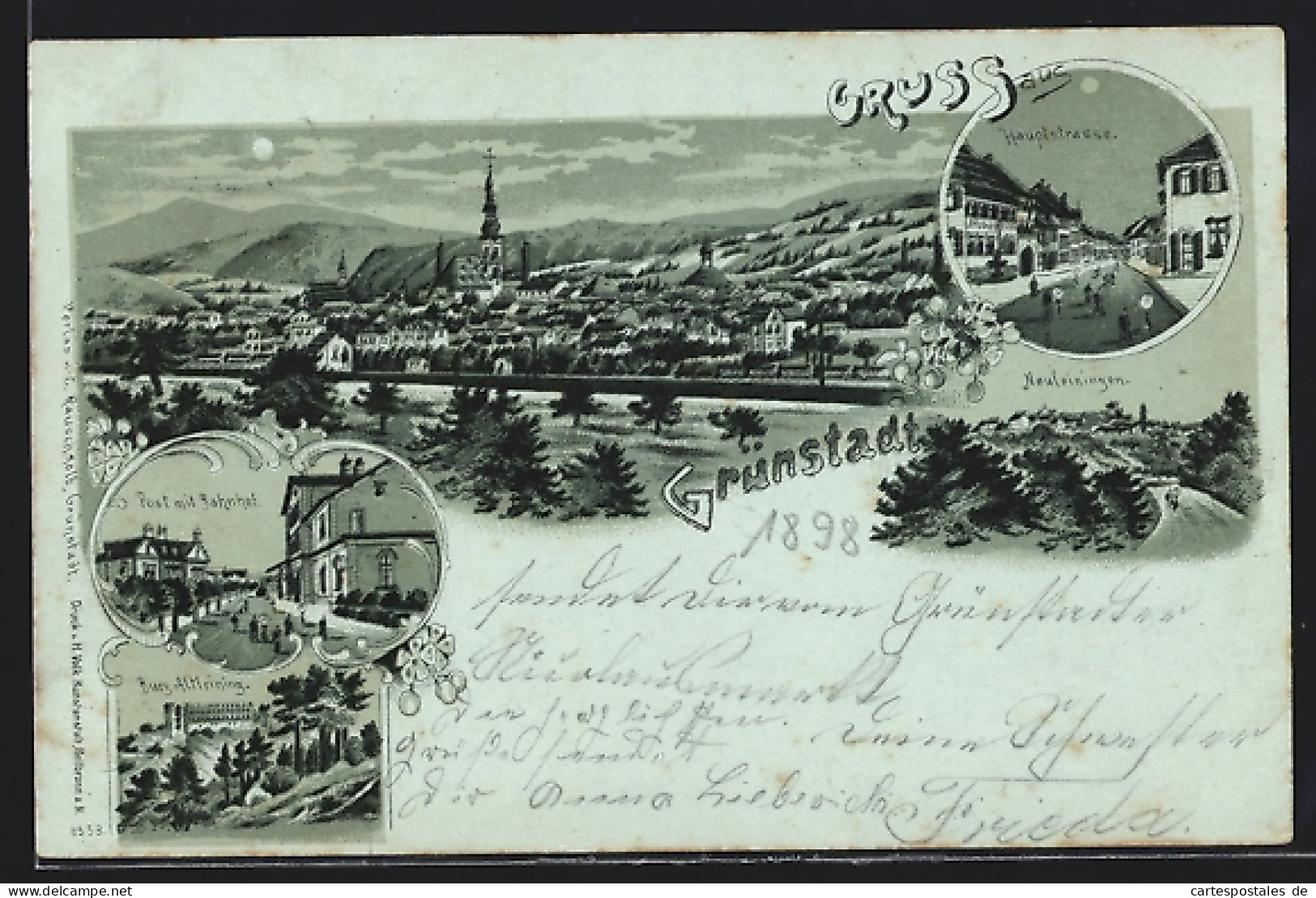 Mondschein-Lithographie Grünstadt / Weinstrasse, Post Mit Bahnhof, Burg Altleining, Neuleiningen  - Gruenstadt