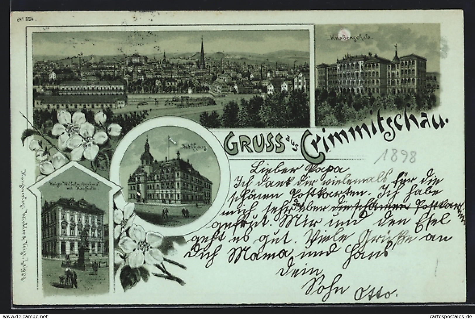 Mondschein-Lithographie Crimmitschau, Kaiser Wilhelm-Denkmal Mit Kaufhalle, Rathaus, Knabenschule  - Crimmitschau