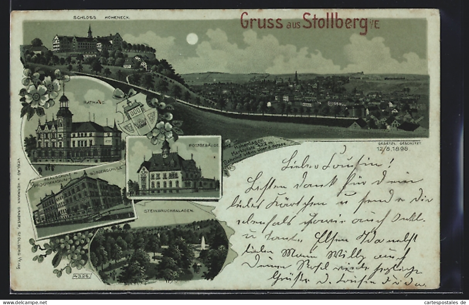 Mondschein-Lithographie Stollberg I. E., Schloss Hoheneck Mit Teilansicht, Rathaus, Postgebäude  - Stollberg (Erzgeb.)