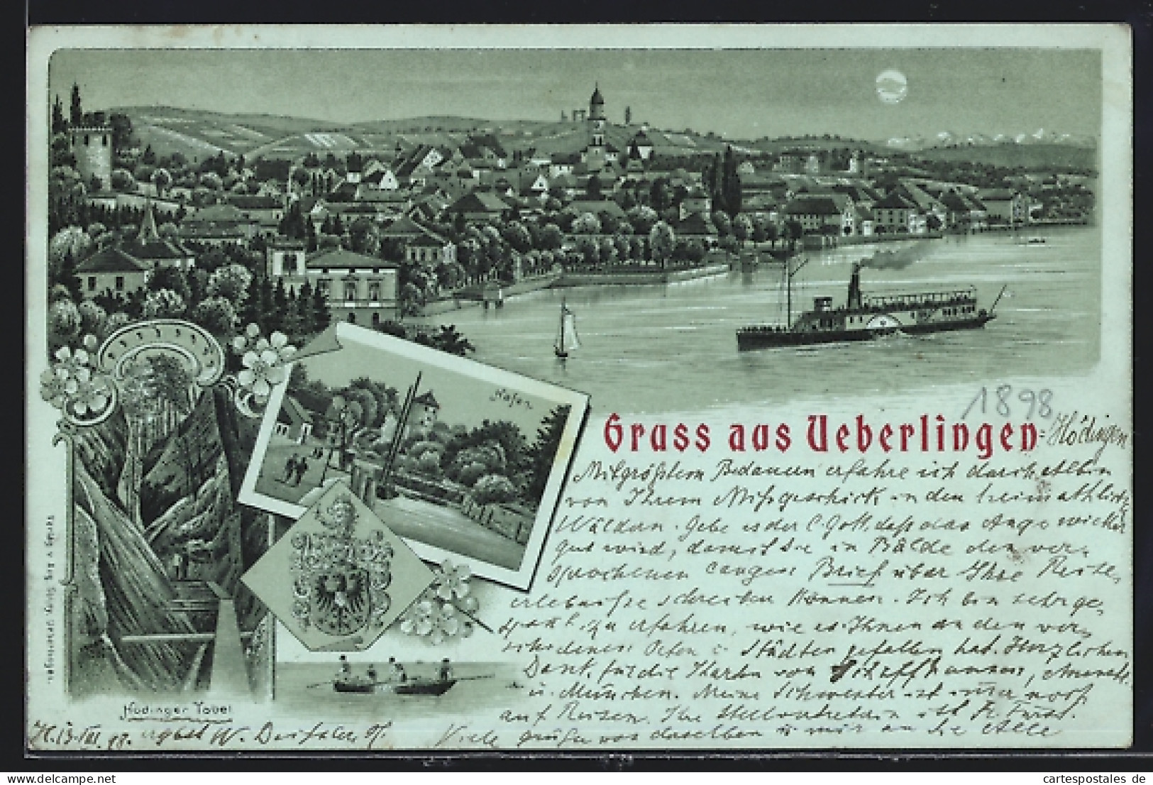 Mondschein-Lithographie Ueberlingen / Bodensee, Teilansicht, Hafen, Hödinger Tobel  - Sonstige & Ohne Zuordnung