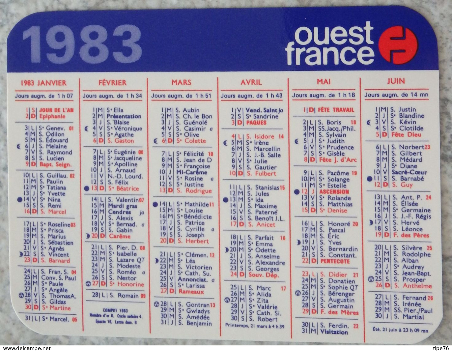 Petit Calendrier De Poche 1983 Journal Ouest France - Tamaño Pequeño : 1981-90