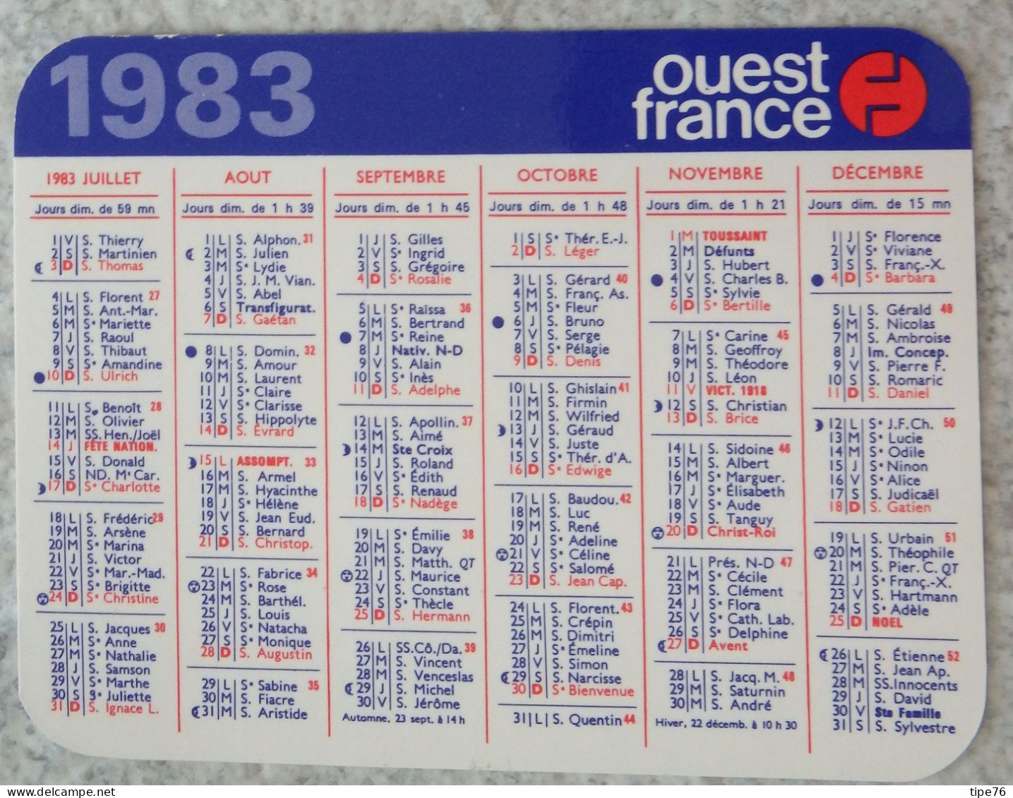 Petit Calendrier De Poche 1983 Journal Ouest France - Tamaño Pequeño : 1981-90