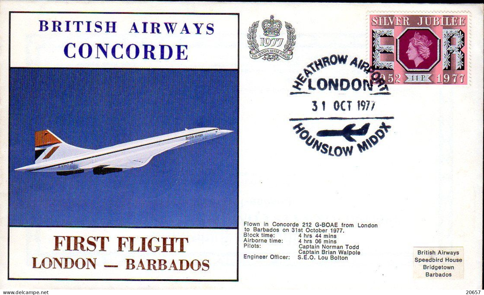 GB UK Grande Bretagne 1er Vol Londres Barbades 31 10 1977 Concorde - Concorde