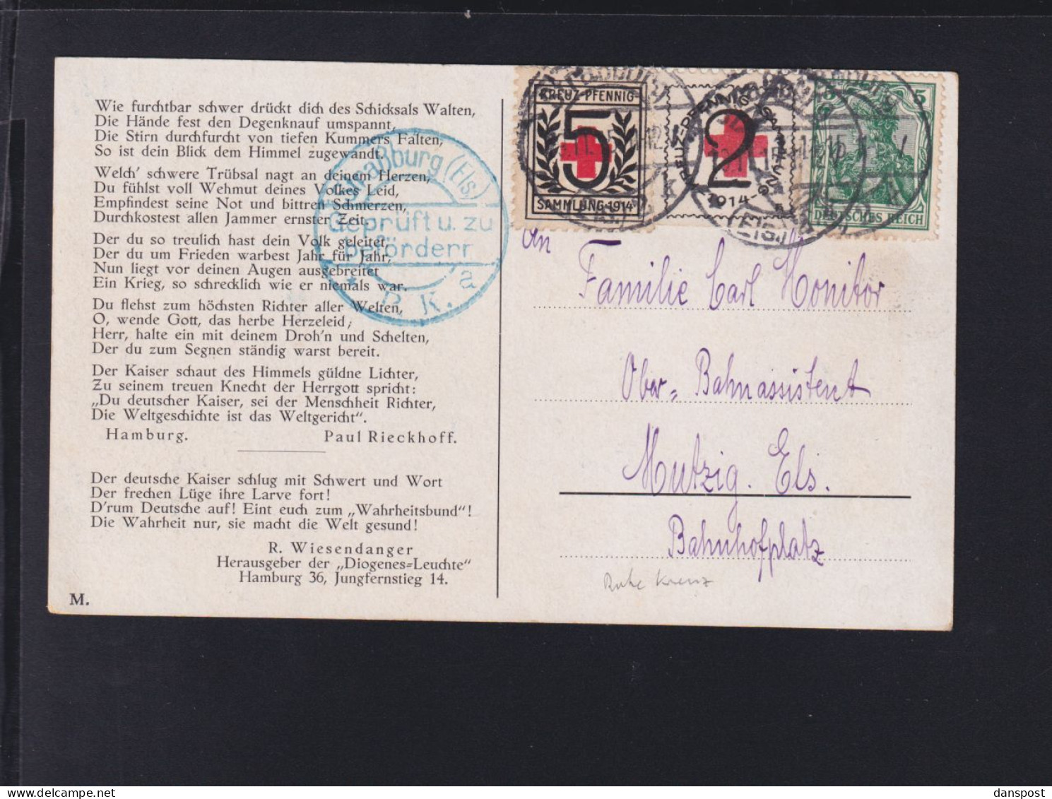 Dt. Reich PK Wilhelm II 1915 Zensur Strassburg - Lettres & Documents