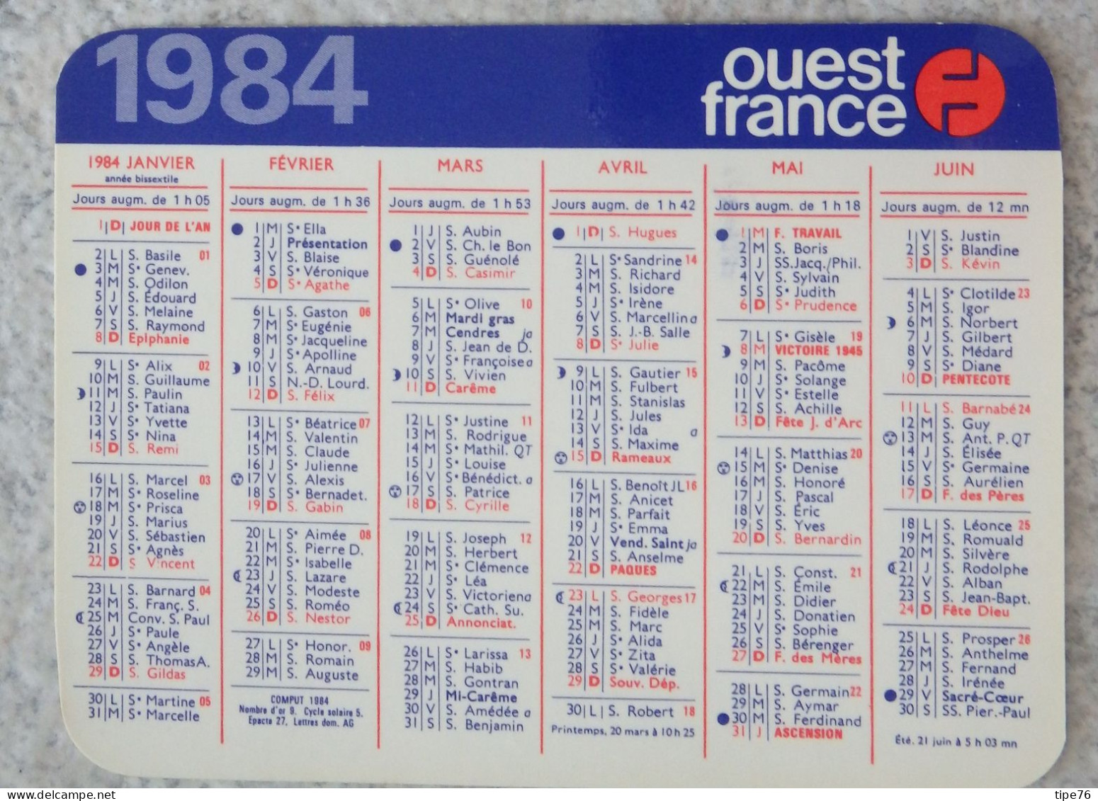 Petit Calendrier De Poche 1984 Journal Ouest France - Small : 1981-90