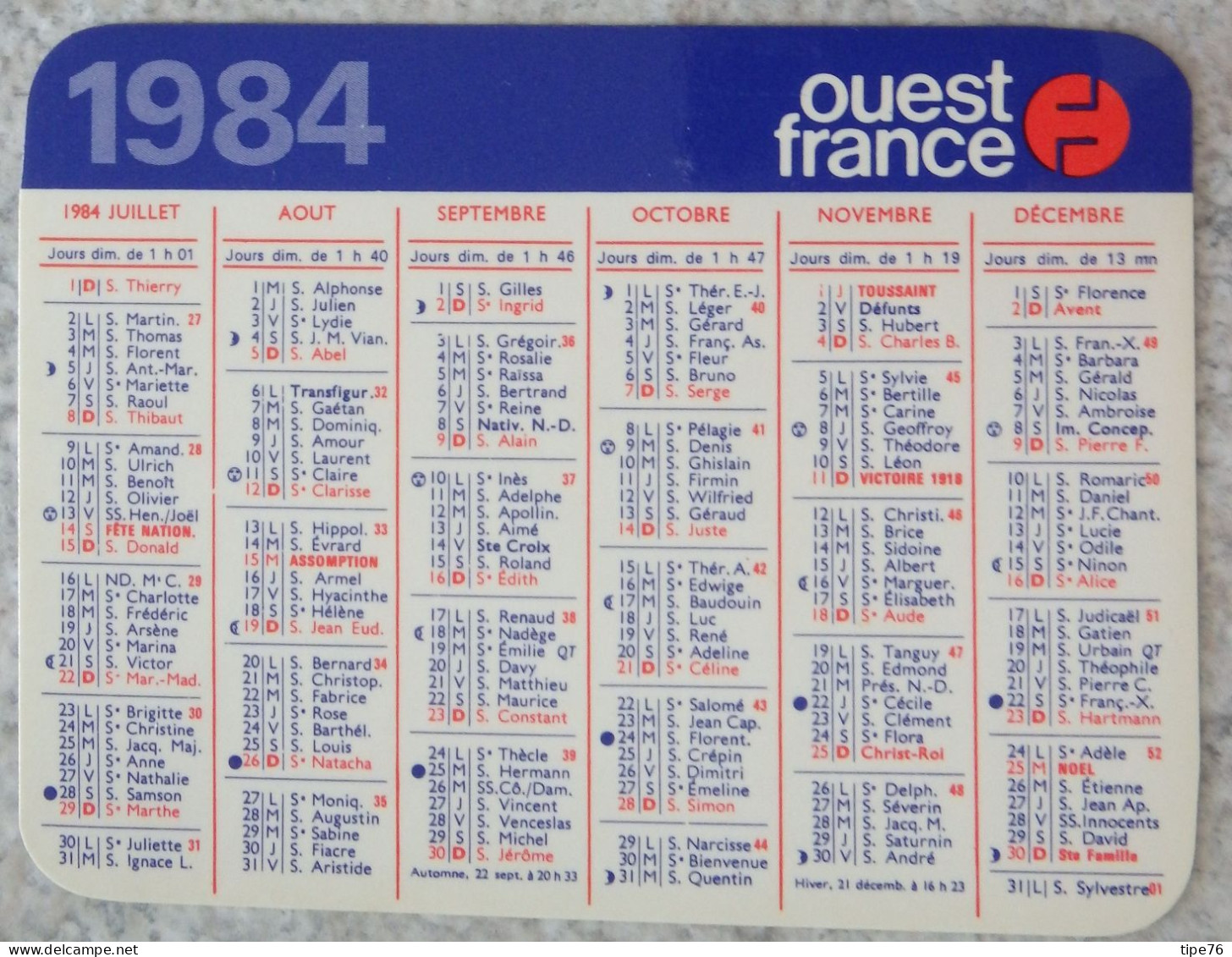 Petit Calendrier De Poche 1984 Journal Ouest France - Kleinformat : 1981-90