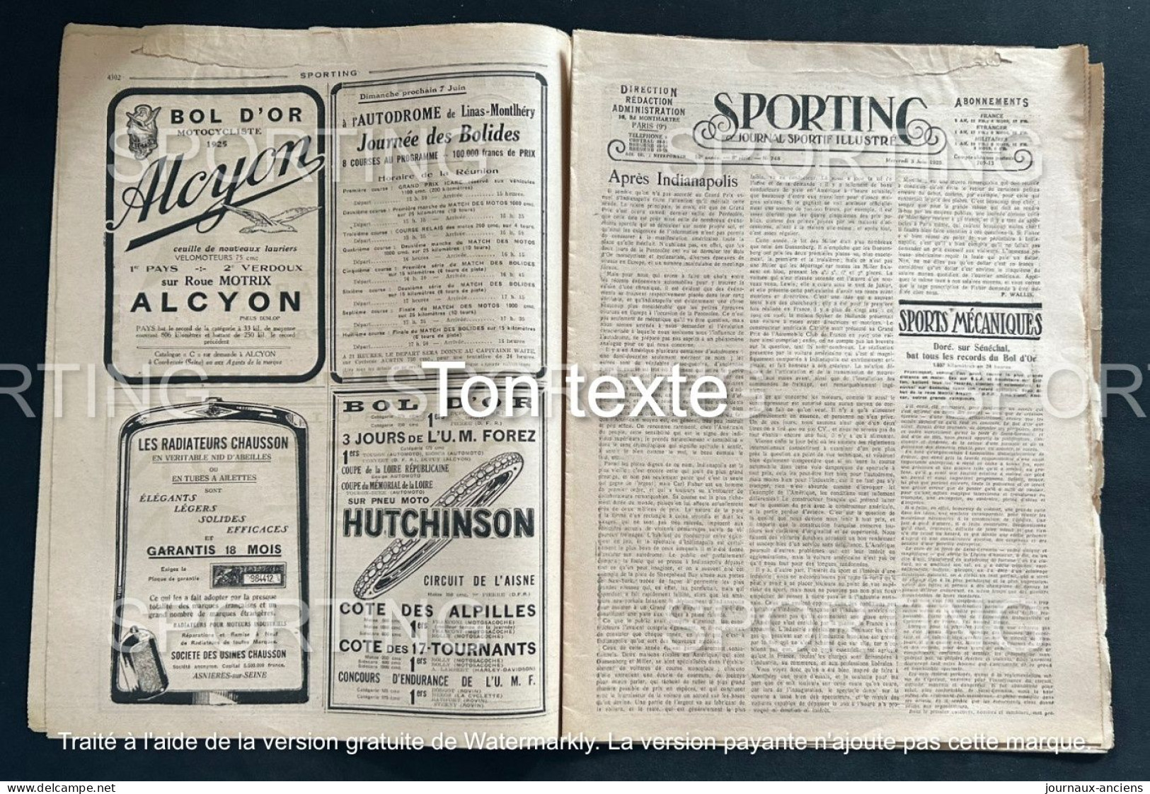 1925 Revue Sportive " SPORTING " AUTOMOBILE AMILCAR BOL D'OR - CYCLISME PARIS BRUXELLES - FOOTBALL - BOXE - 1900 - 1949