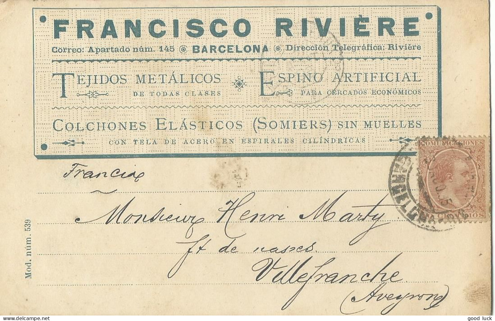 ESPAGNE CARTE PRIVEE / PRECURSEUR 10c BARCELONE  POUR VILLEFRANCHE ( AVEYRON ) DE 1895 LETTRE COVER - Cartas & Documentos