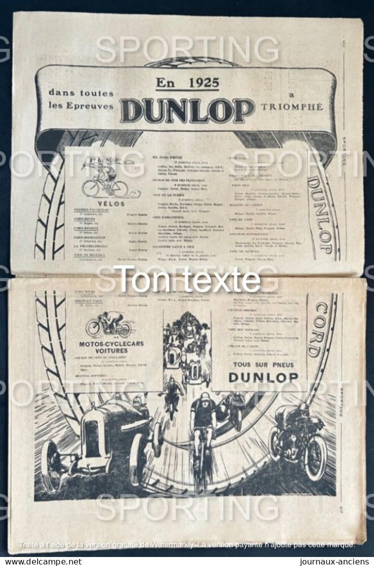 1925 Revue Sportive " SPORTING " RUGBY - DUNLOP  - AUTOMOBILE GP DE LYON - CYCLISME PARIS = NANTES - FOOTBALL - 1900 - 1949