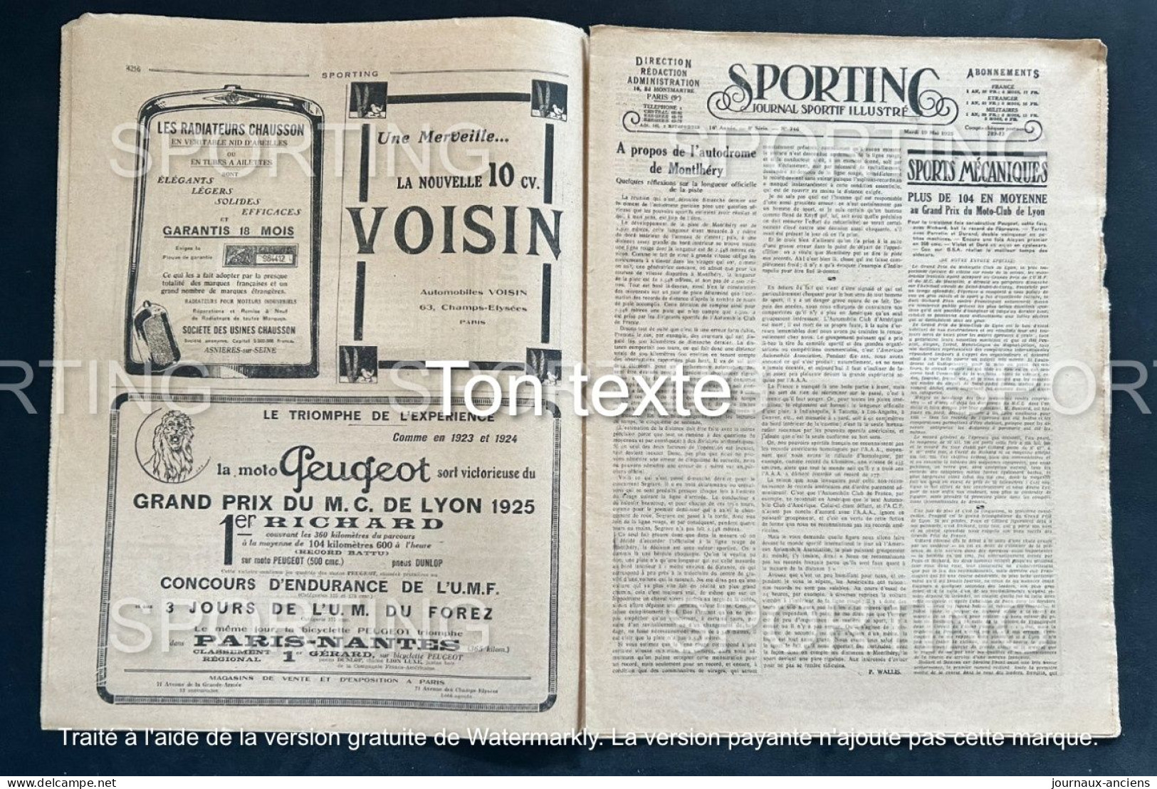 1925 Revue Sportive " SPORTING " RUGBY - DUNLOP  - AUTOMOBILE GP DE LYON - CYCLISME PARIS = NANTES - FOOTBALL - 1900 - 1949