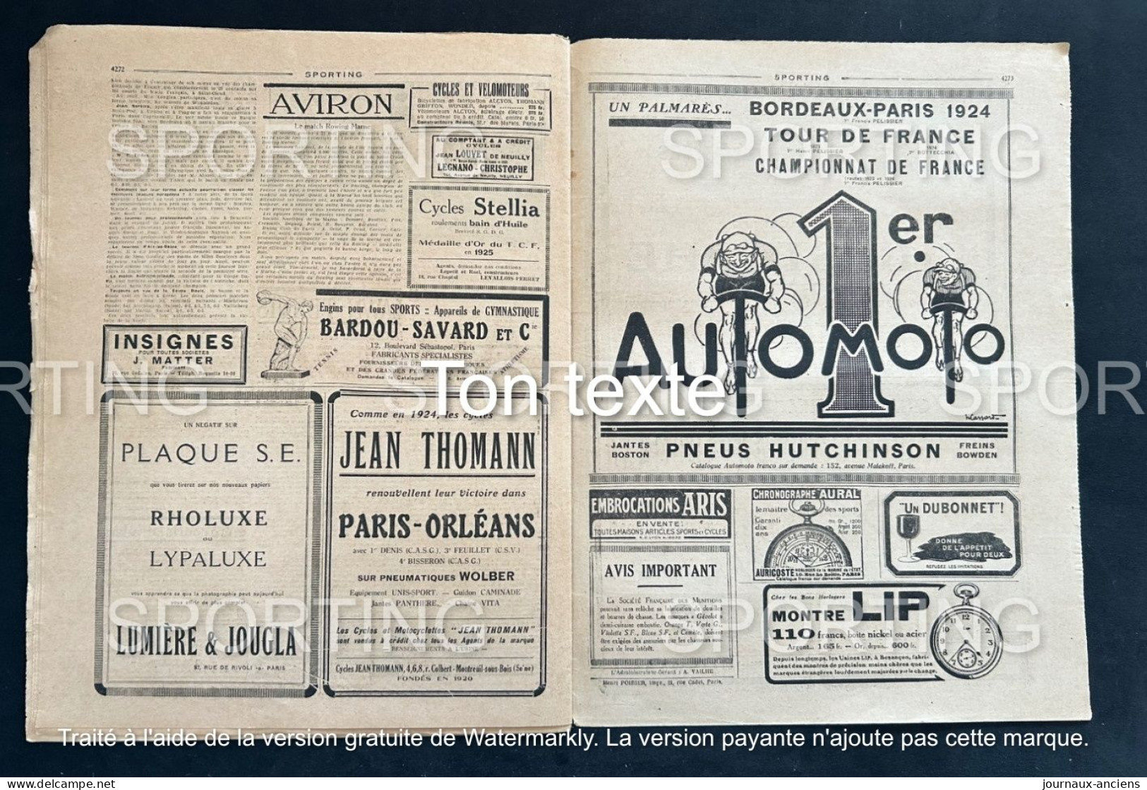 1925 Revue Sportive " SPORTING " RUGBY - DUNLOP  - AUTOMOBILE GP DE LYON - CYCLISME PARIS = NANTES - FOOTBALL