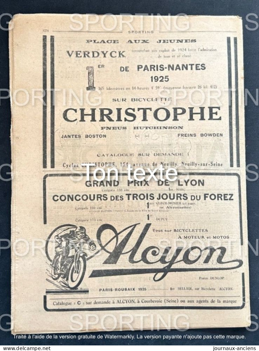 1925 Revue Sportive " SPORTING " RUGBY - DUNLOP  - AUTOMOBILE GP DE LYON - CYCLISME PARIS = NANTES - FOOTBALL