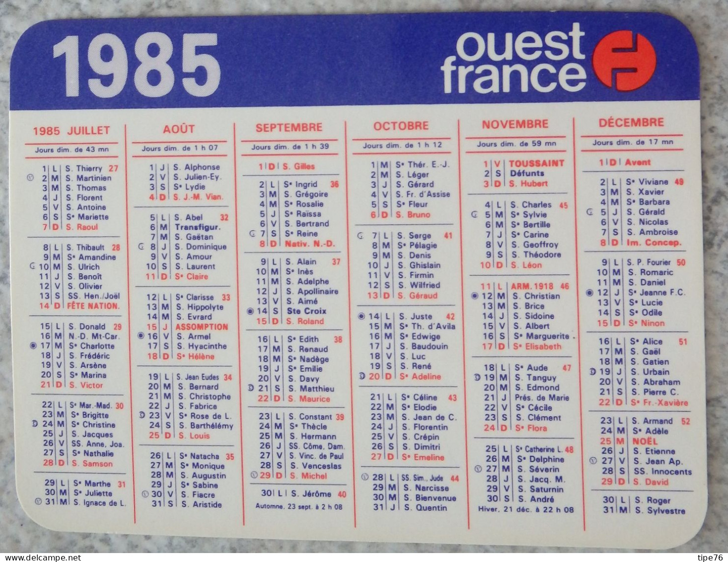 Petit Calendrier De Poche 1985 Journal Ouest France - Petit Format : 1981-90