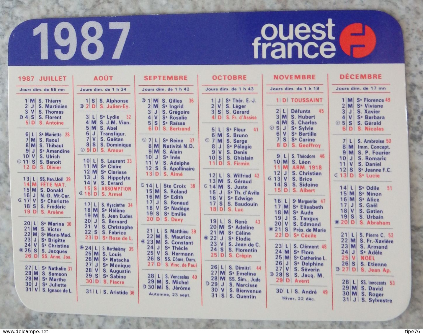 Petit Calendrier De Poche 1987 Journal Ouest France - Petit Format : 1981-90