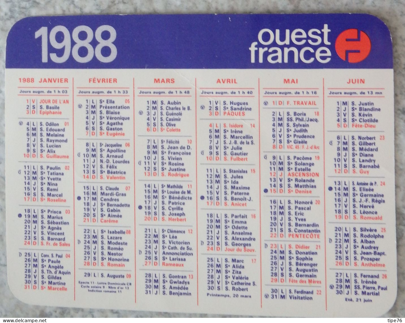 Petit Calendrier De Poche 1988 Journal Ouest France - Tamaño Pequeño : 1981-90