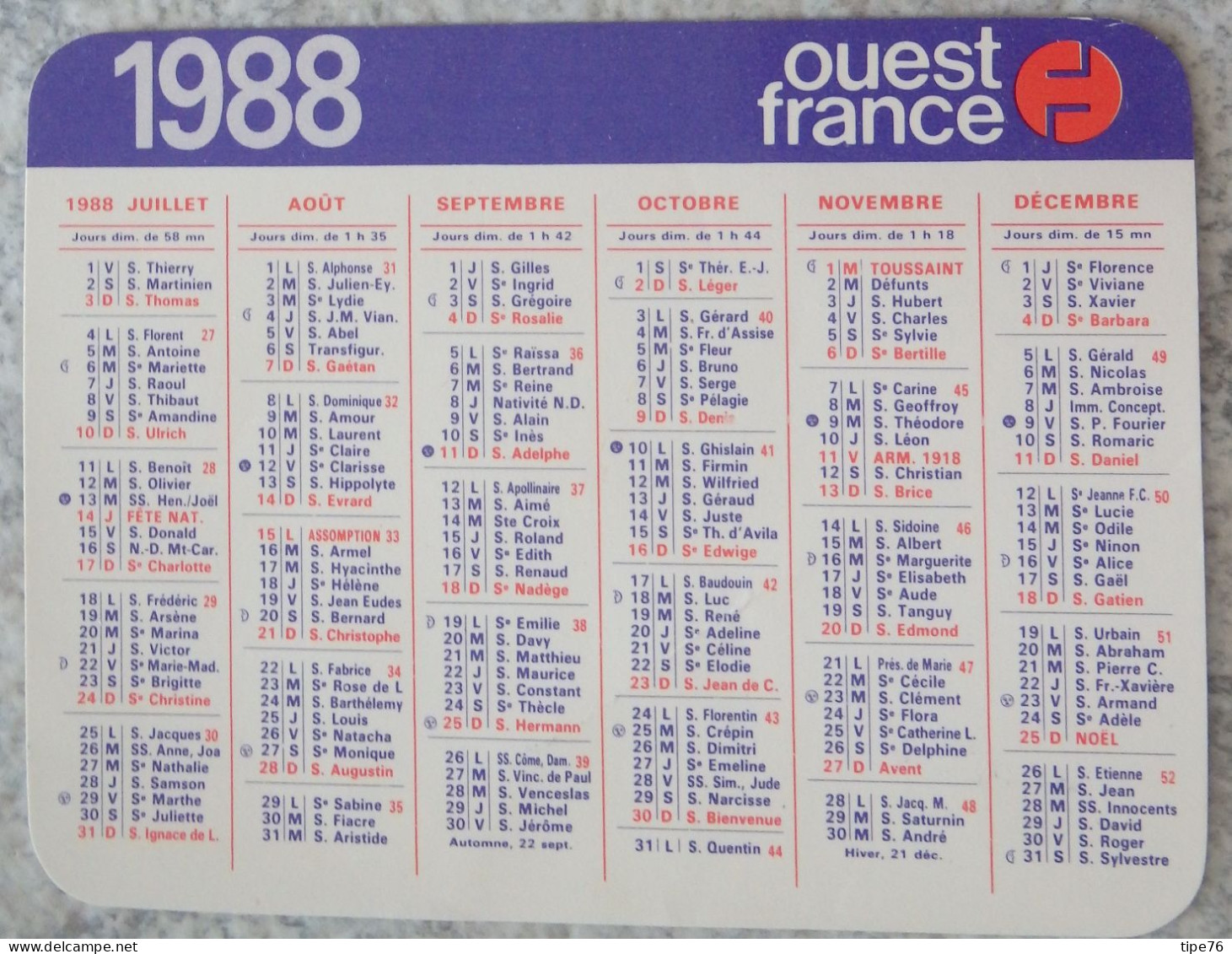 Petit Calendrier De Poche 1988 Journal Ouest France - Kleinformat : 1981-90