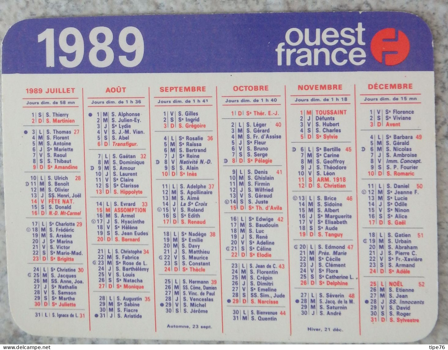 Petit Calendrier De Poche 1989 Journal Ouest France - Klein Formaat: 1981-90