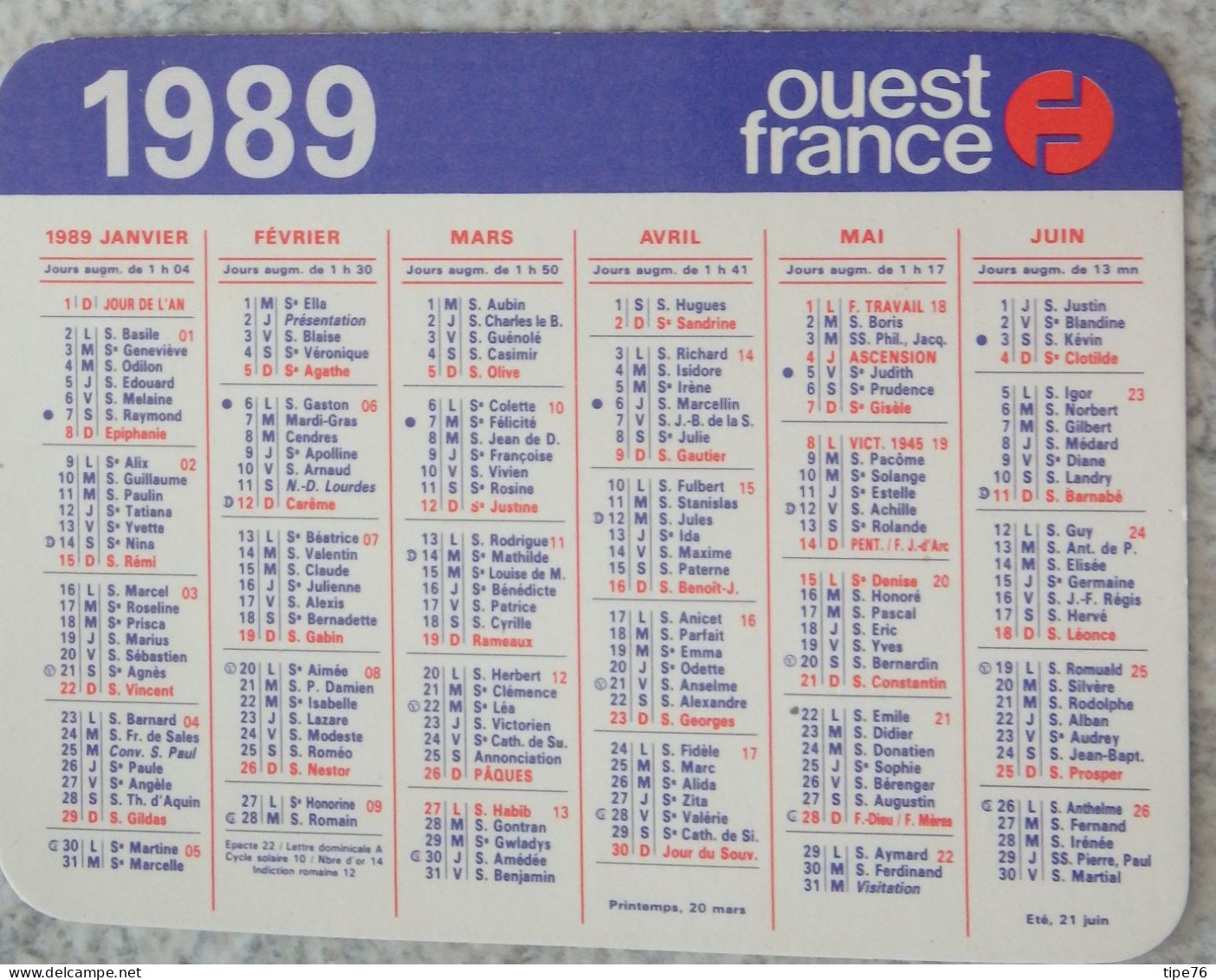 Petit Calendrier De Poche 1989 Journal Ouest France - Formato Piccolo : 1981-90