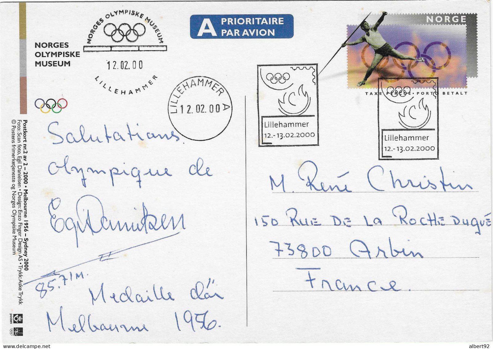 2000 Entier Postal: Jeux Olympiques De Melbourne 1956 Athlétisme:  Danielsen (Norvège) Or Au Javelot + Autographe - Estate 1956: Melbourne