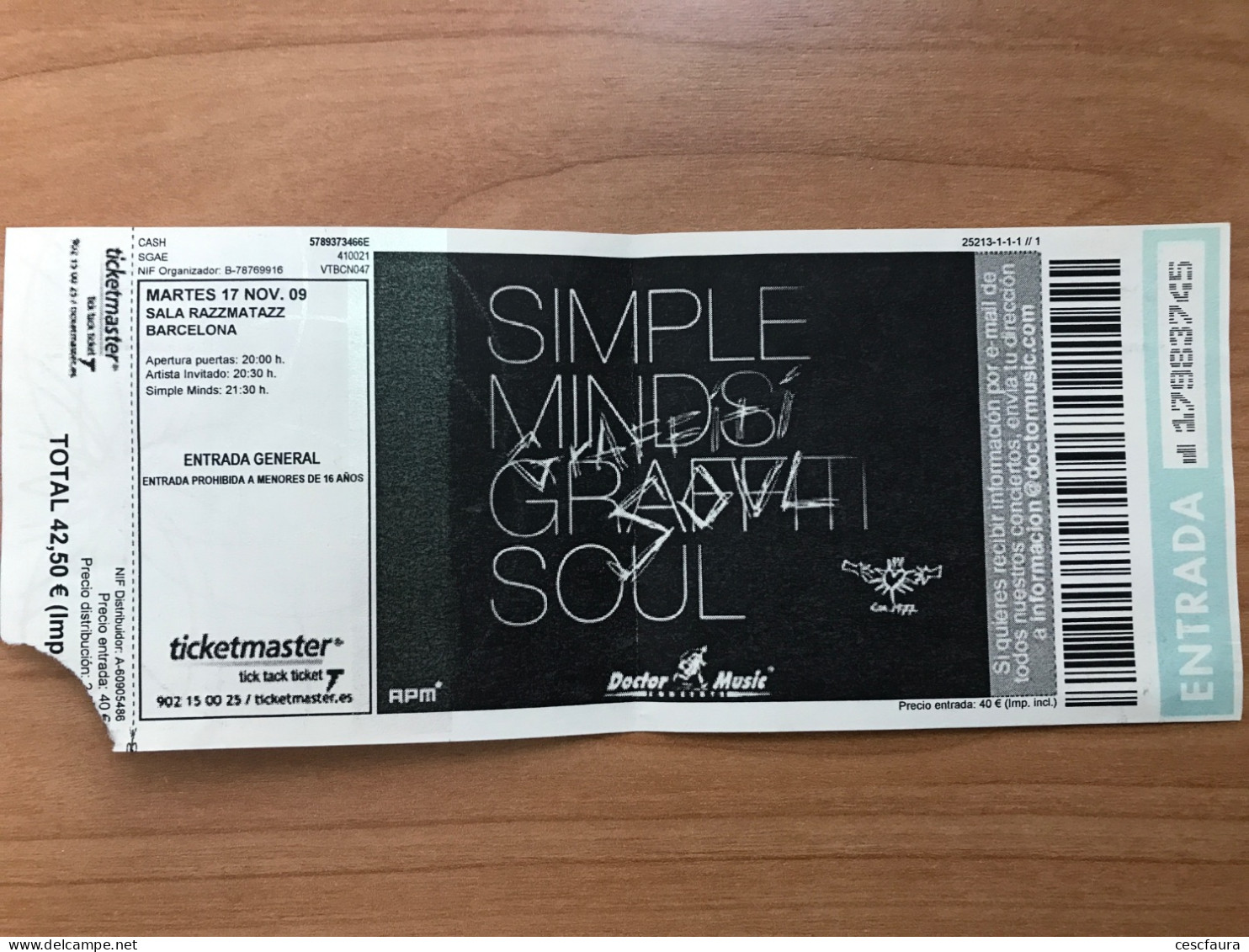 Simple Minds Concert Ticket Barcelona 17/11/2009 Sala Razzmatazz Entrada Billet - Biglietti Per Concerti