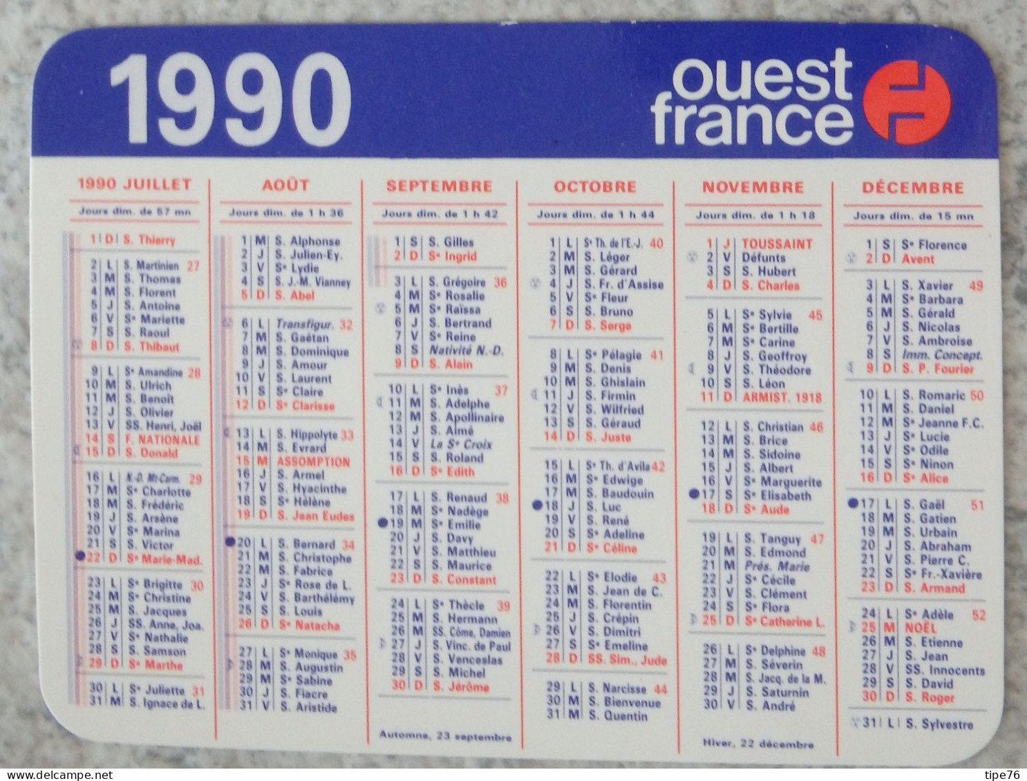 Petit Calendrier De Poche 1990 Journal Ouest France - Tamaño Pequeño : 1981-90