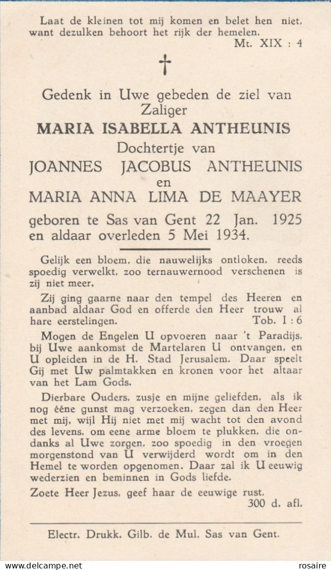 Prentje Maria Isabella Antheunis-sas Van Gent 1934 - Images Religieuses