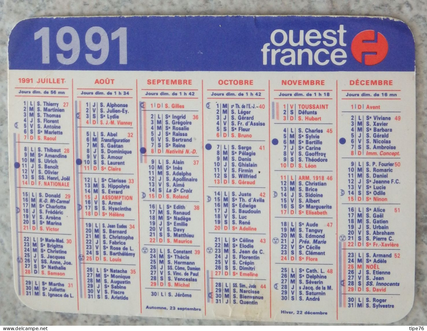 Petit Calendrier De Poche 1991 Journal Ouest France - Petit Format : 1991-00