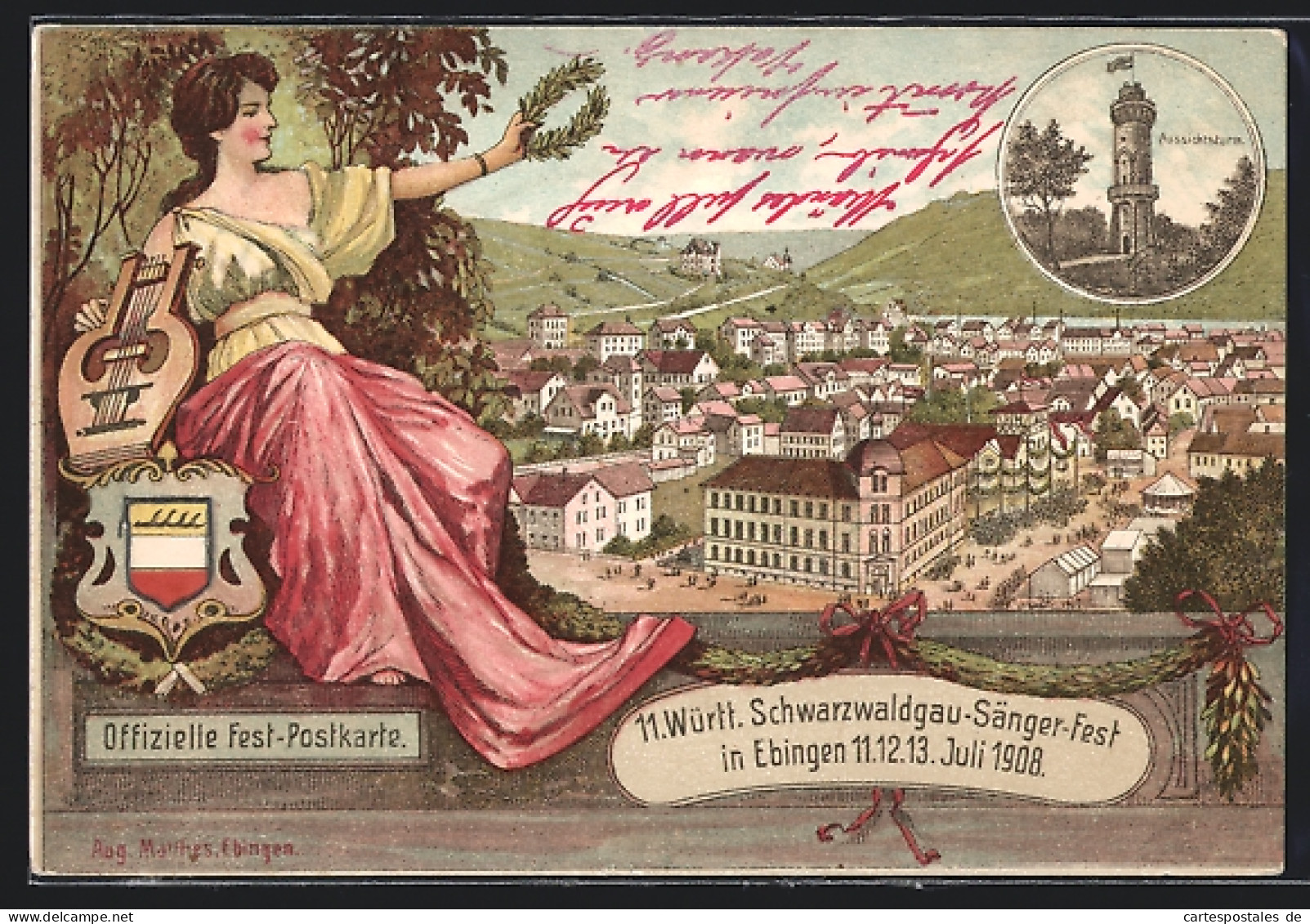 Lithographie Ebingen, Offizielle Festpostkarte Zum 11. Württ. Schwarzwaldgau-Sängerfest 1908, Aussichtsturm, Ortsans  - Autres & Non Classés