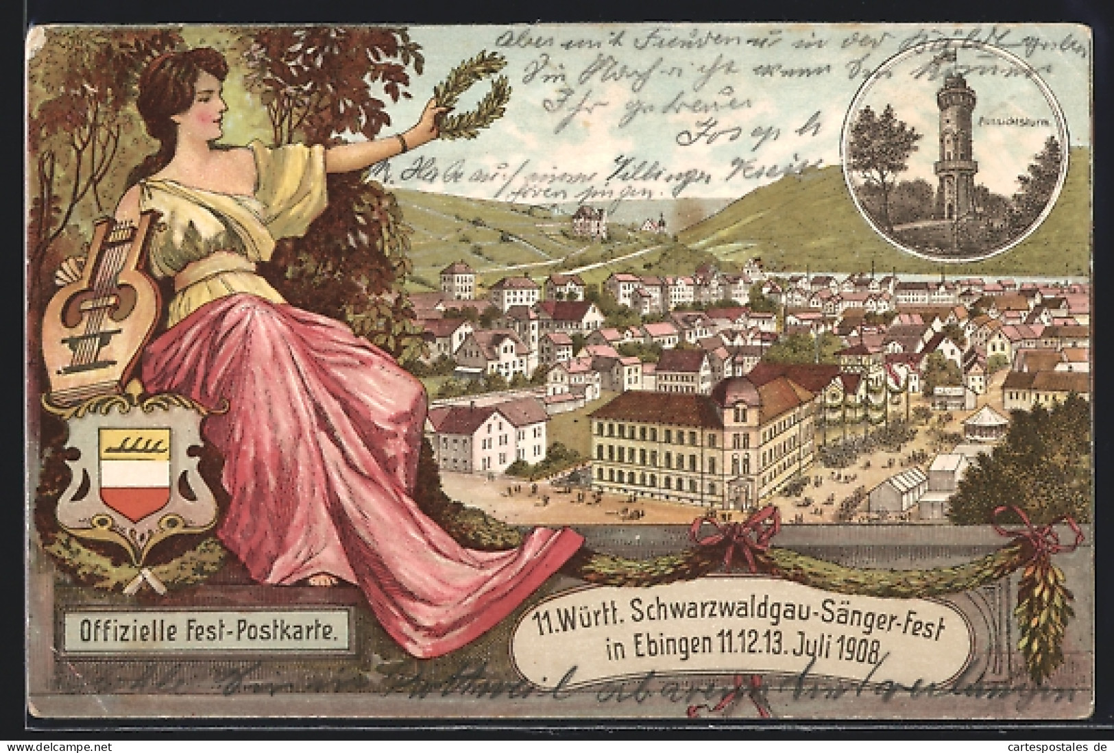Lithographie Ebingen, Offizielle Festpostkarte Zum 11. Württ. Schwarzwaldgau-Sängerfest 1908, Aussichtsturm  - Autres & Non Classés