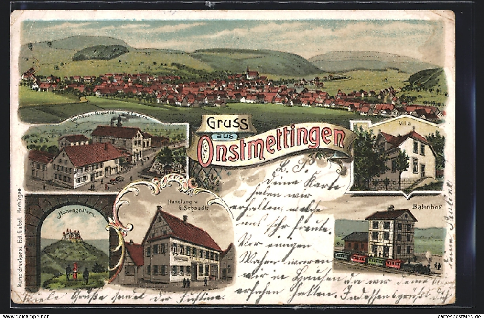 Lithographie Onstmettingen, Bahnhof Mit Zug, Gasthaus Und Brauerei Z. Lamm  - Autres & Non Classés