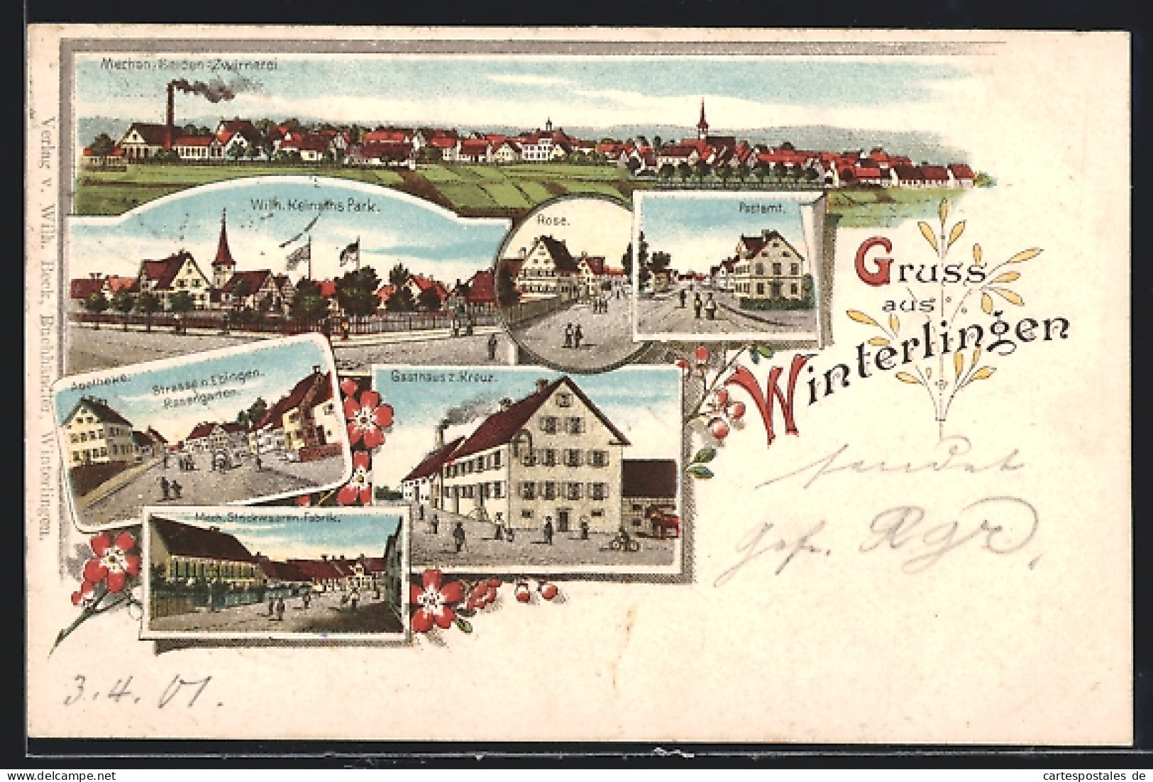 Lithographie Winterlingen, Gasthaus Zum Kreuz, Gasthof Rose, Mech. Strickwaren-Fabrik  - Autres & Non Classés