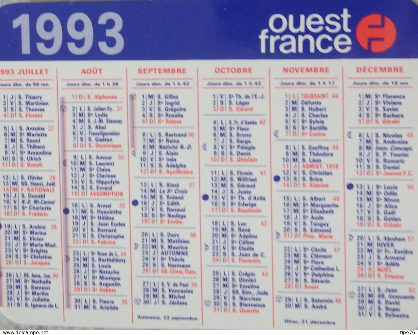 Petit Calendrier De Poche 1993 Journal Ouest France - Small : 1991-00