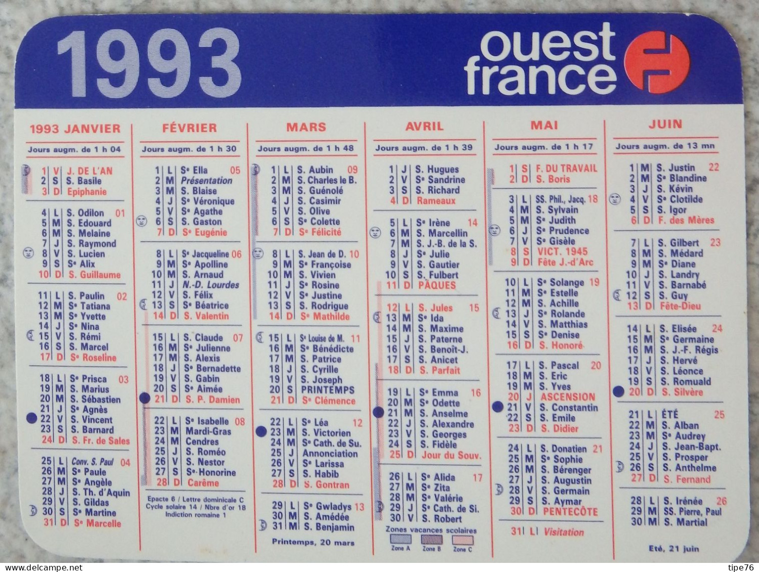 Petit Calendrier De Poche 1993 Journal Ouest France - Petit Format : 1991-00