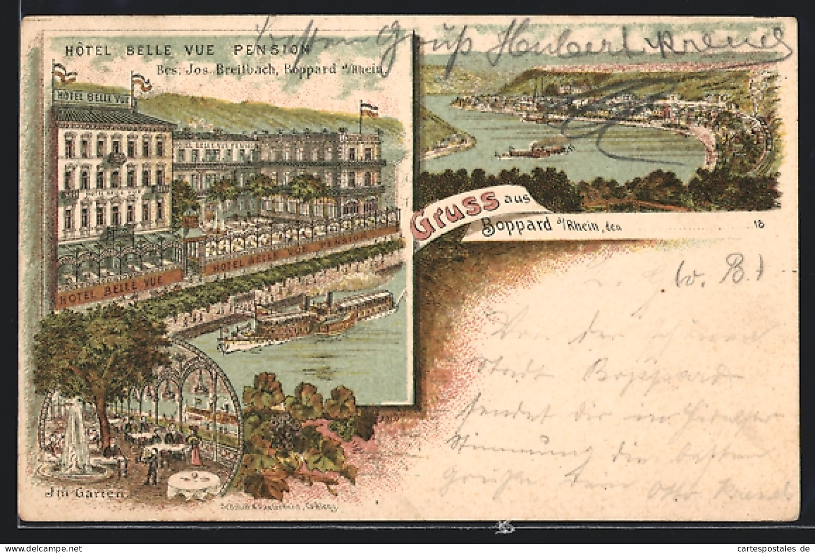 Lithographie Boppard A. Rh., Totalansicht, Hotel Belle Vue Pension  - Boppard