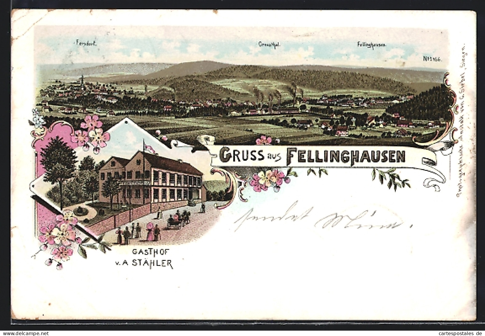 Lithographie Fellinghausen / Kreuztal, Gasthof V. A. Stähler, Gesamtansicht Mit Fernsdorf Und Creuzthal  - Kreuztal