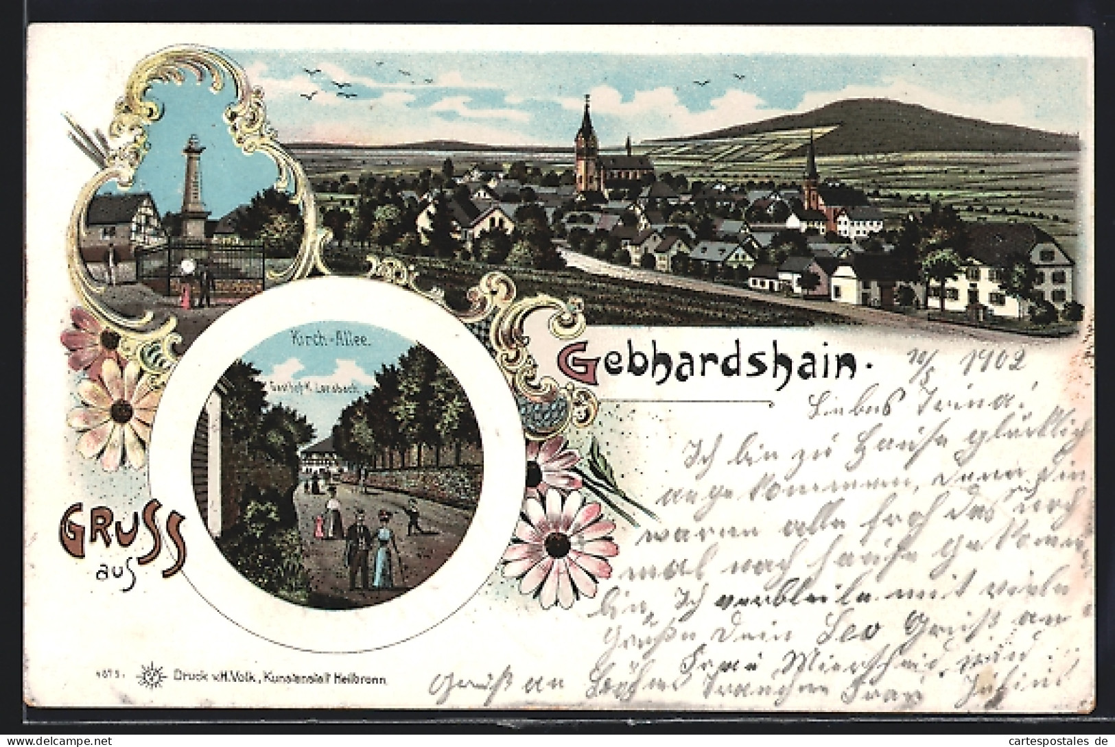 Lithographie Gebhardshain, Kirch-Allee Mit Gasthof K. Lorsbach, Kriegerdenkmal, Ortsansicht  - Autres & Non Classés