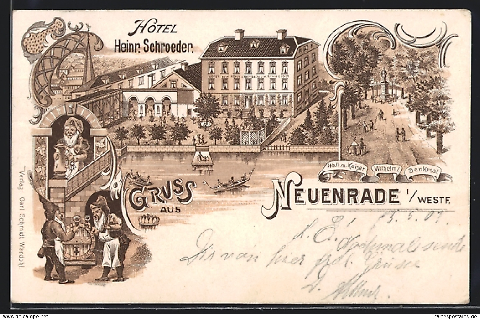 Lithographie Neuenrade I. Westf., Hotel Heinrich Schroeder, Wall Mit Kaiser Wilhelm I.-Denkmal  - Other & Unclassified