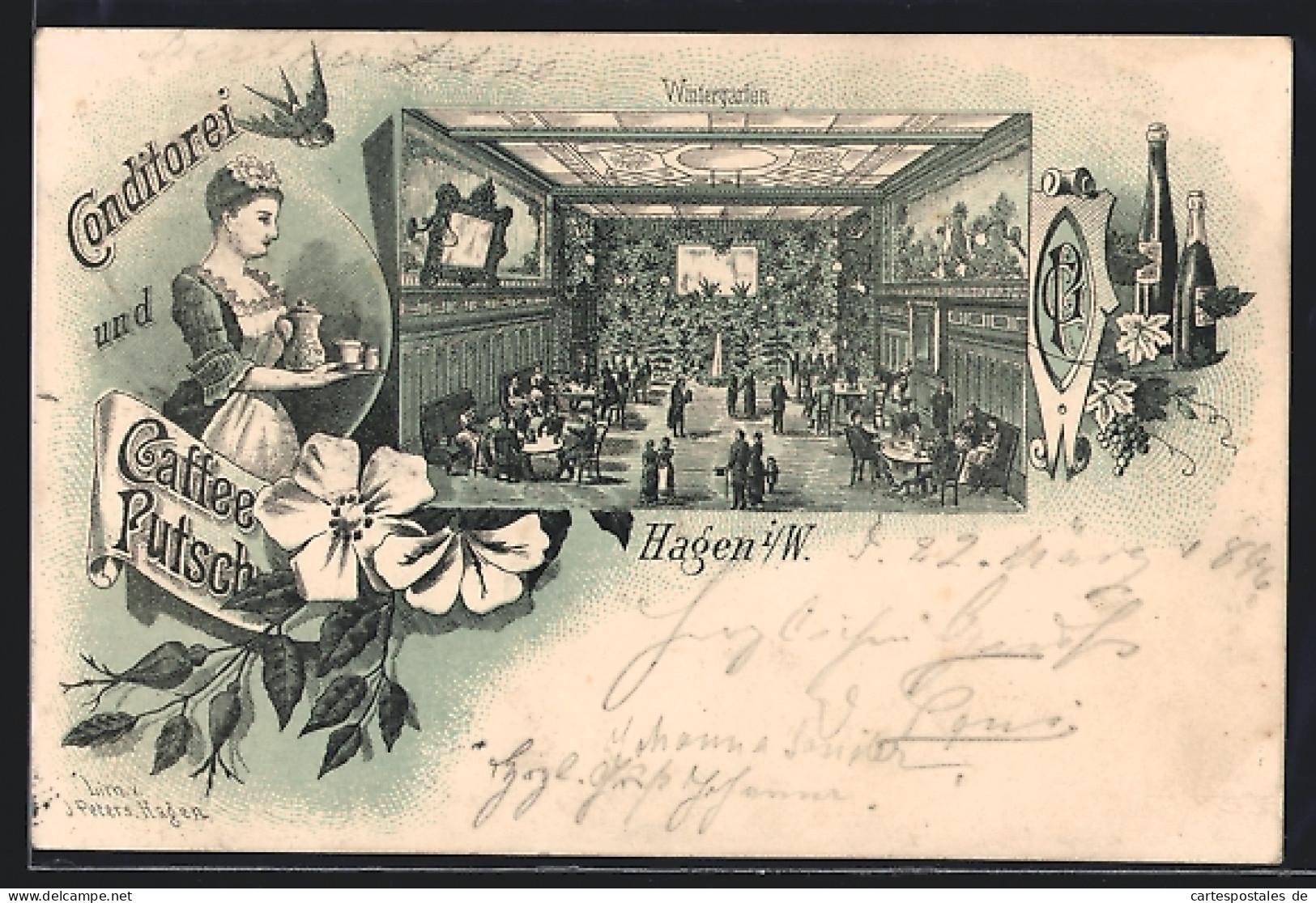 Lithographie Hagen I. W., Conditorei & Caffee Putsch, Belebte Szene Im Wintergarten  - Hagen