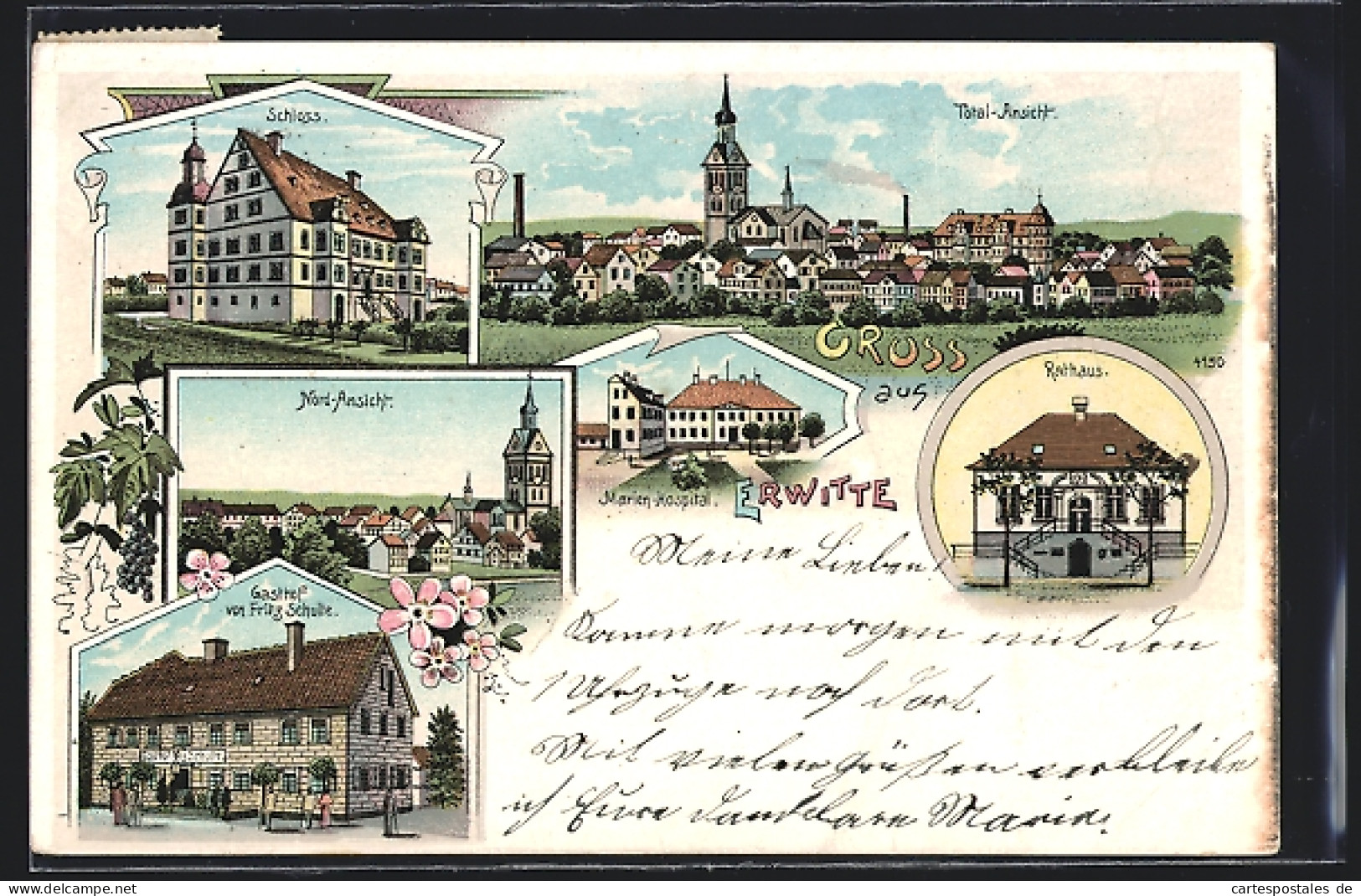 Lithographie Erwitte, Gasthof Von Fritz Schulte, Schloss, Rathaus, Marien-Hospital, Gesamtansicht  - Autres & Non Classés