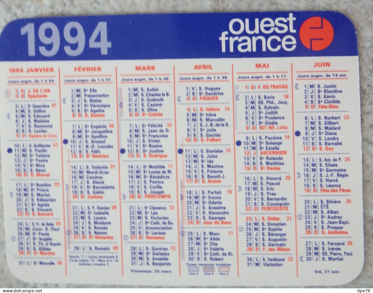 Petit Calendrier De Poche 1994 Journal Ouest France - Tamaño Pequeño : 1991-00