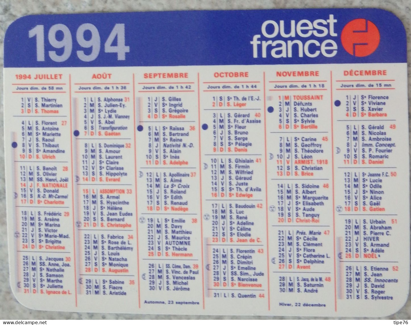 Petit Calendrier De Poche 1994 Journal Ouest France - Petit Format : 1991-00