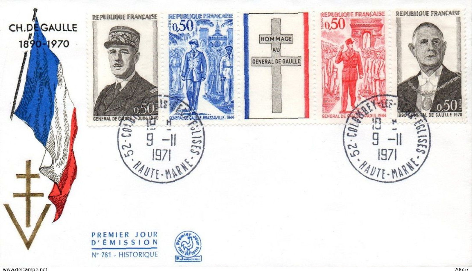 France 1695/98HC Fdc Hommage Au Général De Gaulle, Bande Avec Vignette Illustrée Croix De Lorraine, Drapeau - De Gaulle (Generaal)