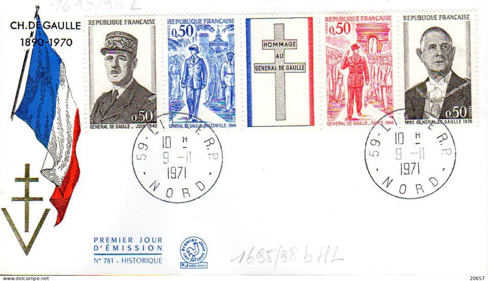 France 1695/98HL Fdc Hommage Au Général De Gaulle, Bande Avec Vignette Illustrée Croix De Lorraine, Drapeau - De Gaulle (Général)