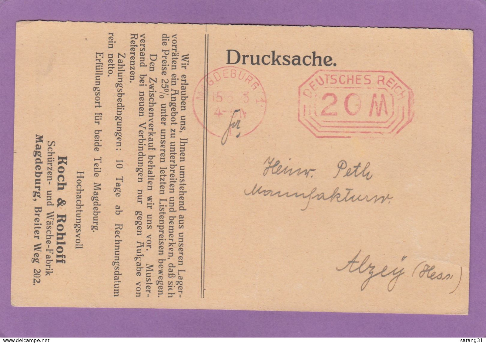 SCHÜRZEN- UND WÄSCHEFABRIK,MAGDEBURG. DRUCKSACHE MIT FREISTEMPEL VON 20 MARK. - Briefe U. Dokumente