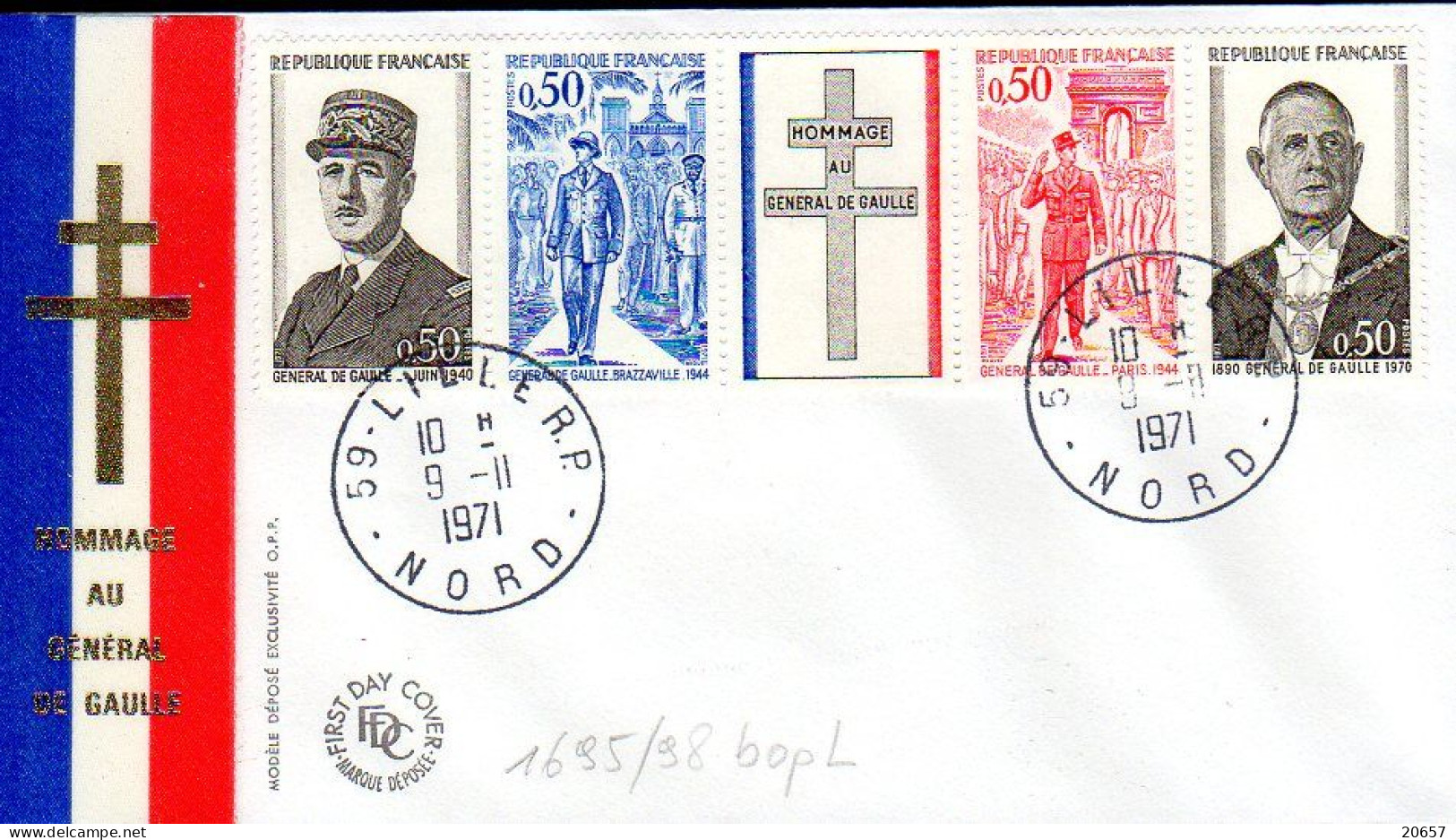 France 1695/98opL Fdc Hommage Au Général De Gaulle, Bande Avec Vignette Illustrée Croix De Lorraine, Drapeau - De Gaulle (Generale)