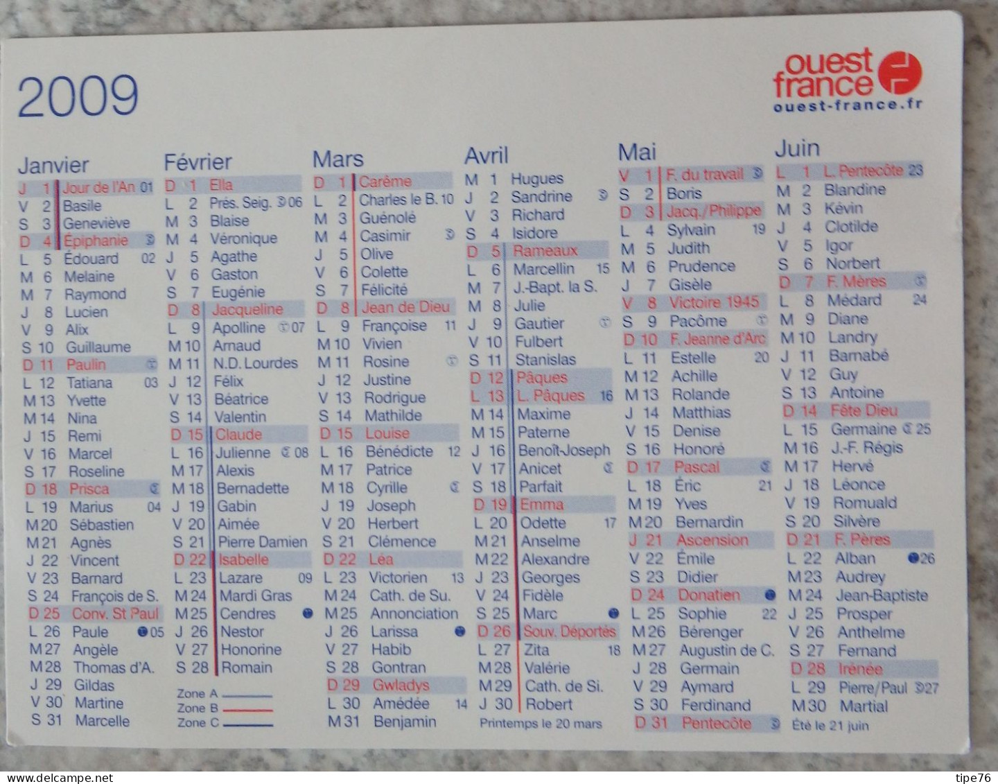 Petit Calendrier De Poche 2009 Journal Ouest France - Tamaño Pequeño : 2001-...